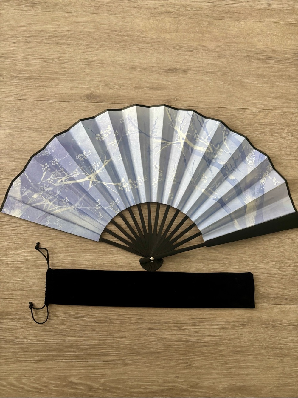 Japanese Folding Fan Blue Floral Design Black Ribs with Velvet Storage Case